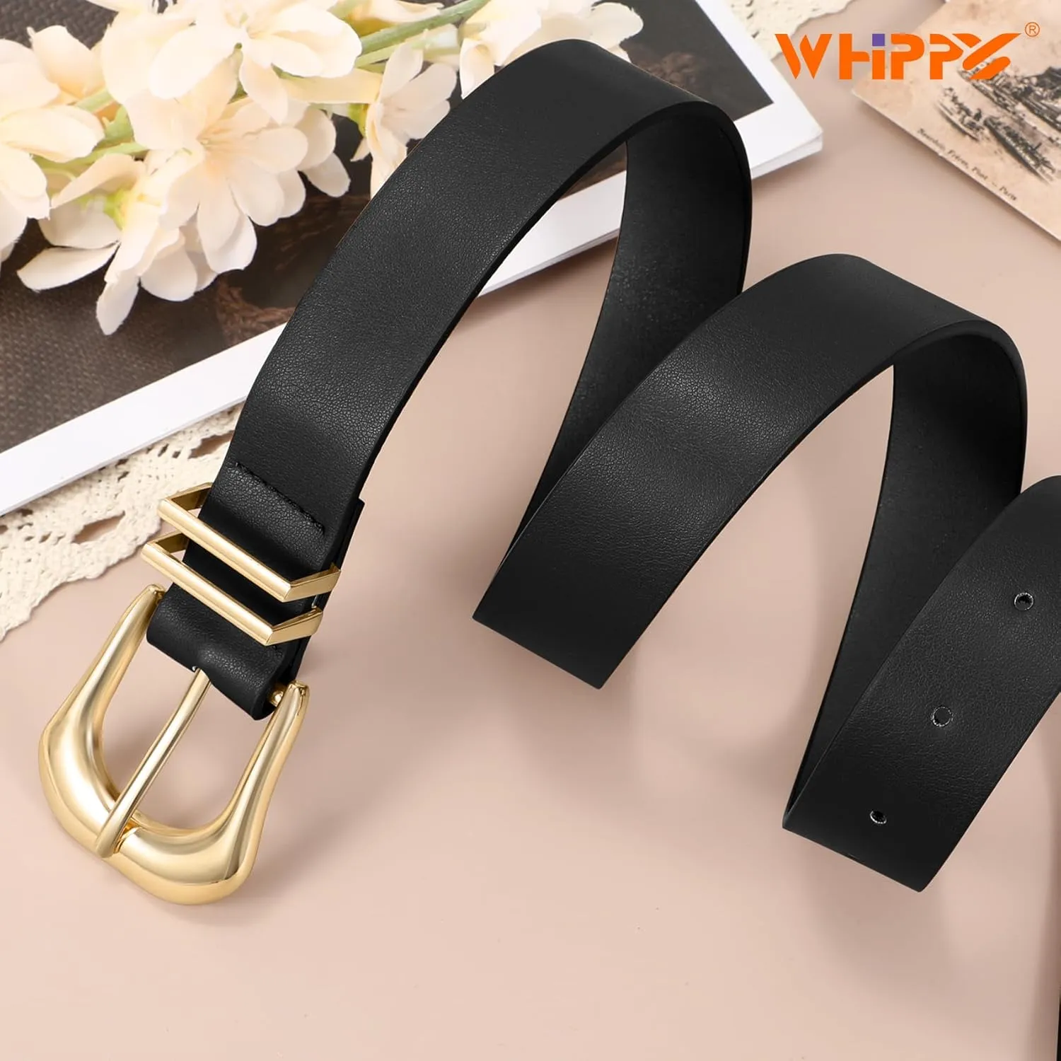 WHIPPY Women Leather Belt for Jeans Pants Fashion Ladies Faux Leather Belt with Gold Buckle