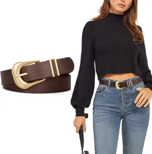 WHIPPY Women Leather Belt for Jeans Pants Fashion Ladies Faux Leather Belt with Gold Buckle