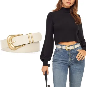 WHIPPY Women Leather Belt for Jeans Pants Fashion Ladies Faux Leather Belt with Gold Buckle