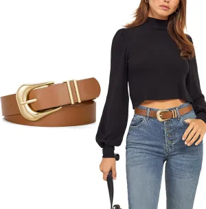 WHIPPY Women Leather Belt for Jeans Pants Fashion Ladies Faux Leather Belt with Gold Buckle