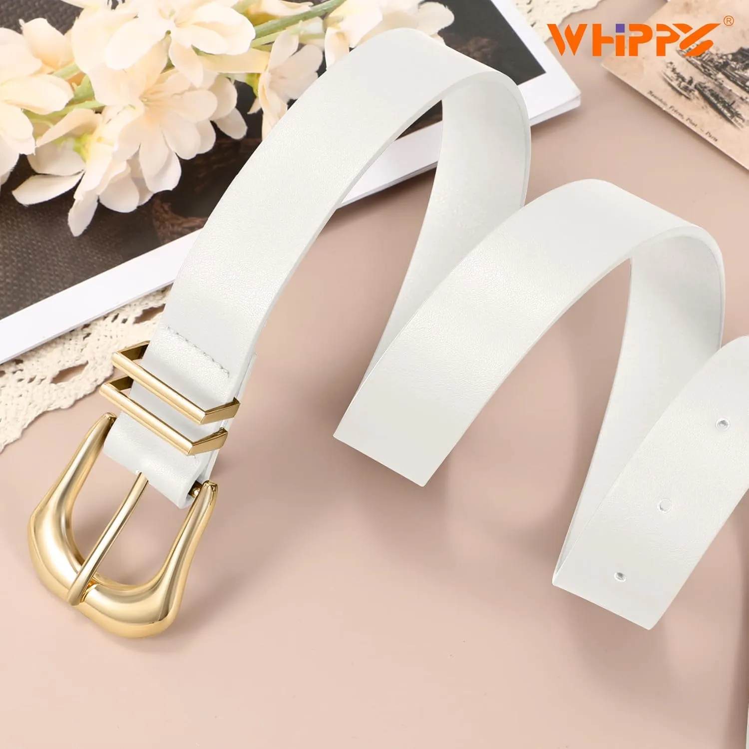 WHIPPY Women Leather Belt for Jeans Pants Fashion Ladies Faux Leather Belt with Gold Buckle