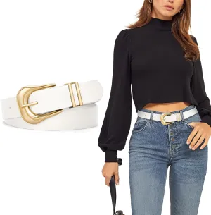 WHIPPY Women Leather Belt for Jeans Pants Fashion Ladies Faux Leather Belt with Gold Buckle