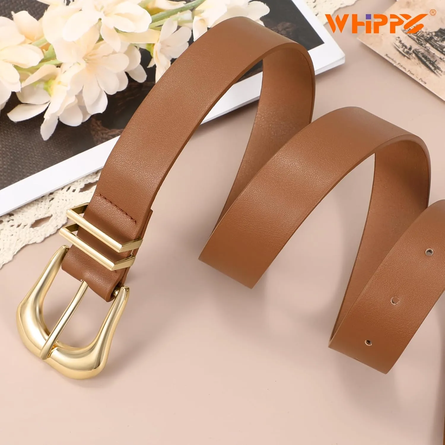 WHIPPY Women Leather Belt for Jeans Pants Fashion Ladies Faux Leather Belt with Gold Buckle