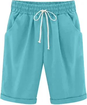 White Shorts for Woman Plus Size High Waisted Shorts Lacing Beach Workout Pocket Five Point Pants White Shorts for