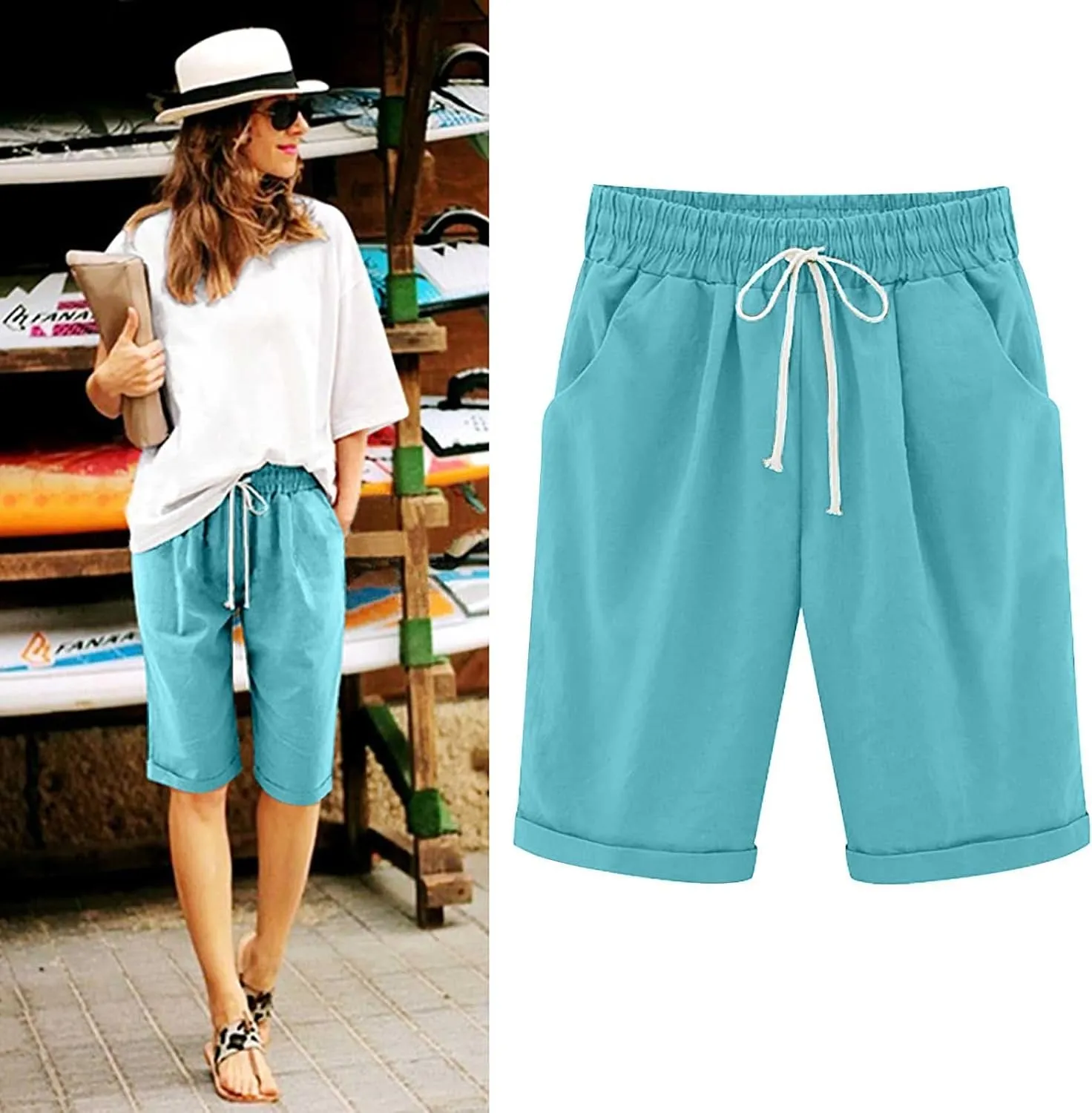 White Shorts for Woman Plus Size High Waisted Shorts Lacing Beach Workout Pocket Five Point Pants White Shorts for