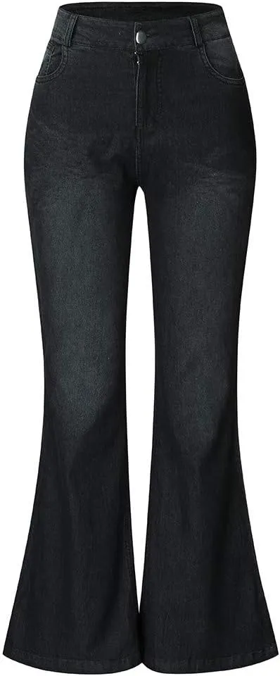 Wide Leg Jeans for Women Classic High Waisted Buttons Ripped Hem Flared Legs Stretch Denim Pants Slim Taper-Fit Vintage