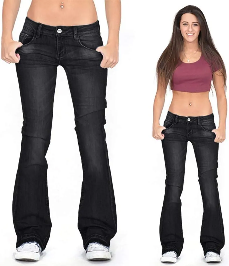 Wide Leg Jeans for Women Classic High Waisted Buttons Ripped Hem Flared Legs Stretch Denim Pants Slim Taper-Fit Vintage