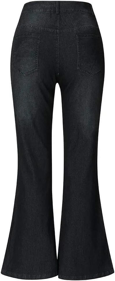 Wide Leg Jeans for Women Classic High Waisted Buttons Ripped Hem Flared Legs Stretch Denim Pants Slim Taper-Fit Vintage
