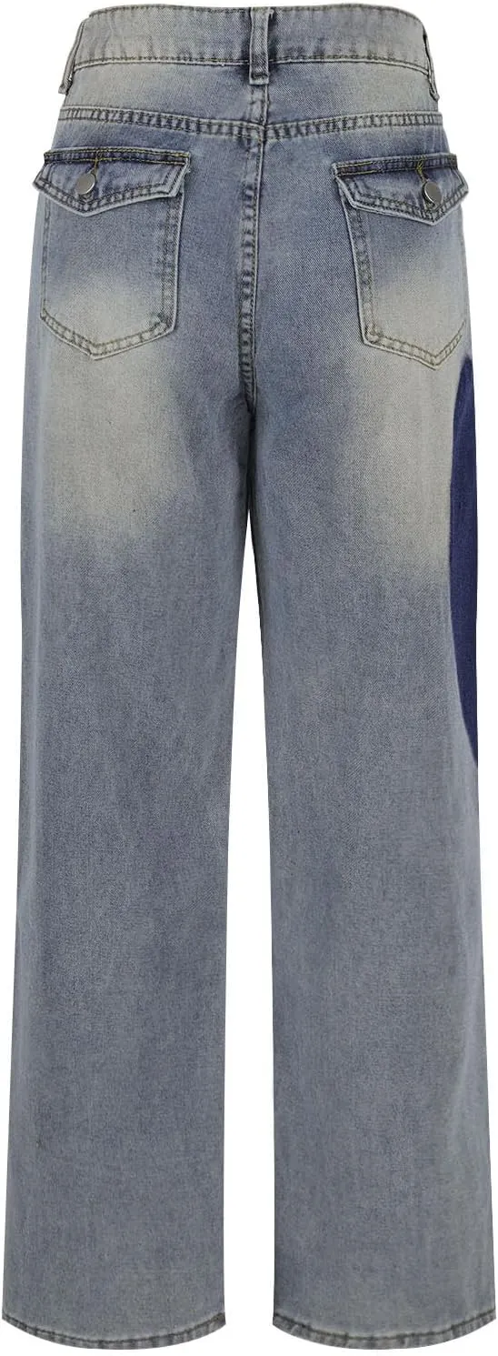 Wide Leg Jeans for Women Heart Patch High Waisted Denim Pants Casual Relaxed Distressed Vintage Streetwear Comfy Daily
