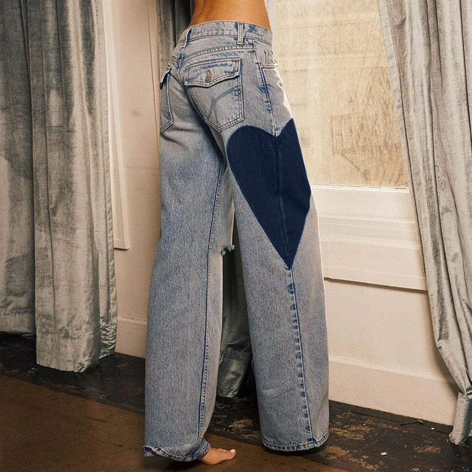 Wide Leg Jeans for Women Heart Patch High Waisted Denim Pants Casual Relaxed Distressed Vintage Streetwear Comfy Daily
