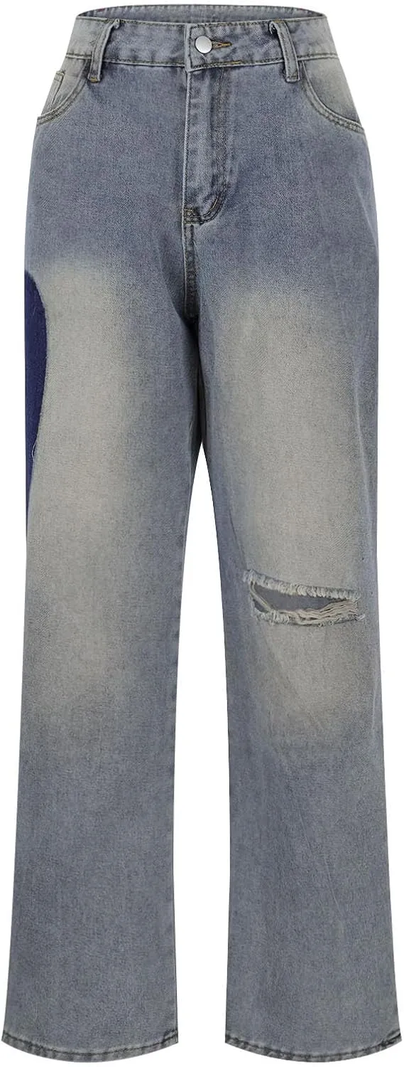 Wide Leg Jeans for Women Heart Patch High Waisted Denim Pants Casual Relaxed Distressed Vintage Streetwear Comfy Daily