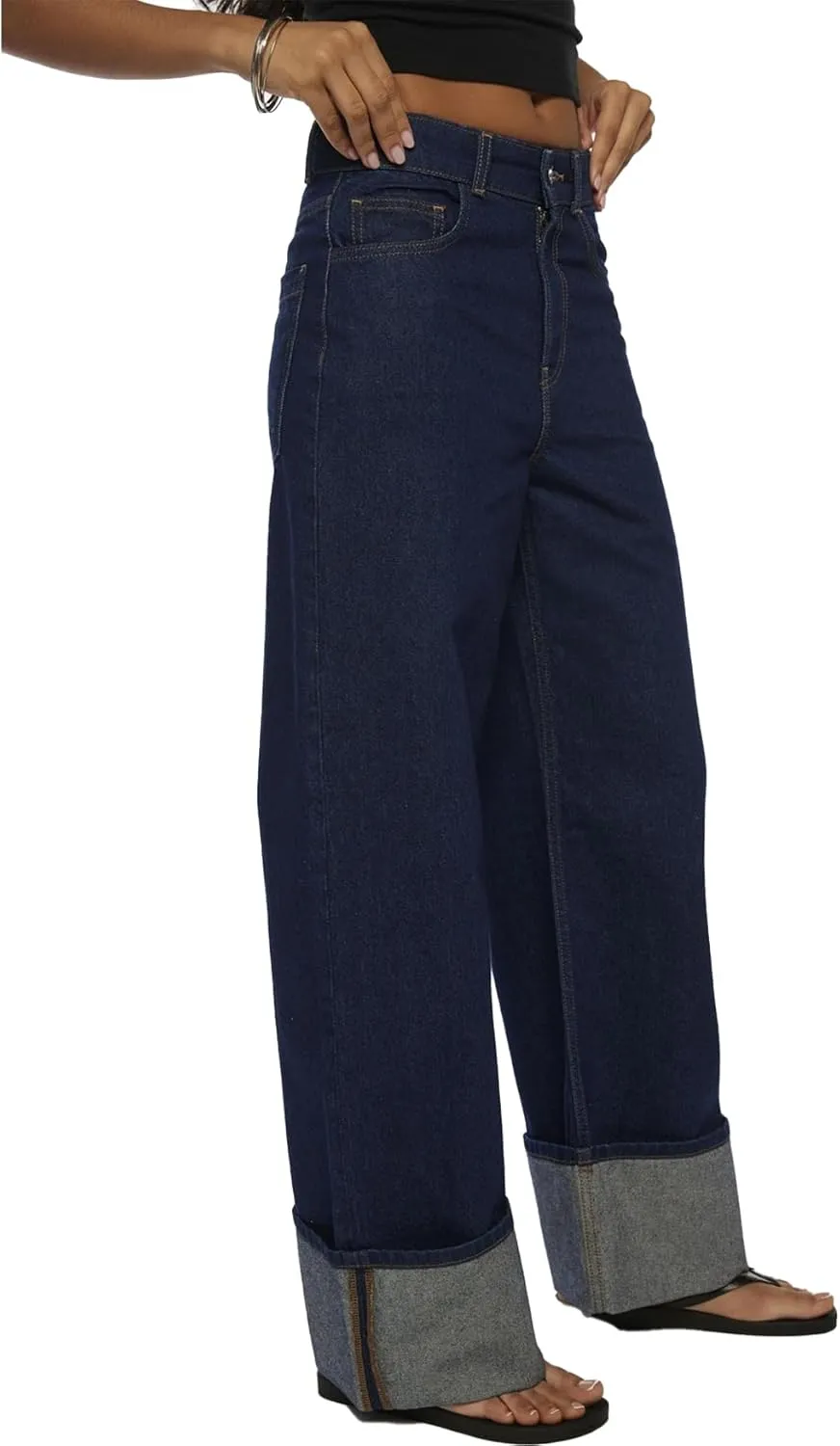 Wide Leg Jeans Woman Cuffed Mid Rise Straight Leg Jeans Loose Boyfriend Baggy Denim Pants with Pockets