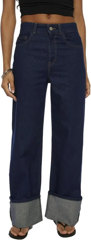 Wide Leg Jeans Woman Cuffed Mid Rise Straight Leg Jeans Loose Boyfriend Baggy Denim Pants with Pockets