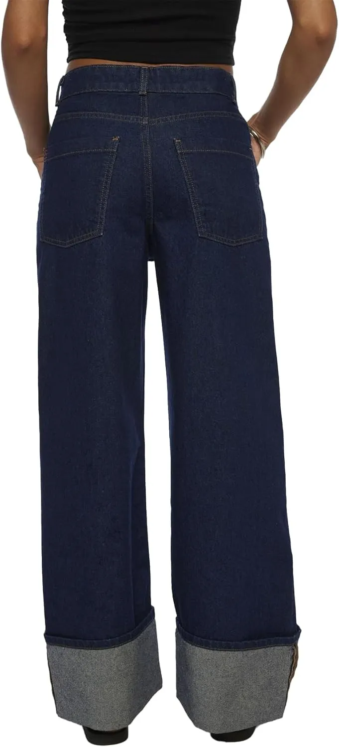 Wide Leg Jeans Woman Cuffed Mid Rise Straight Leg Jeans Loose Boyfriend Baggy Denim Pants with Pockets