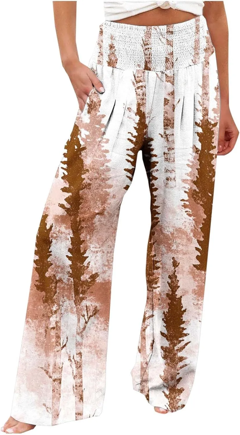 Wide Leg Linen Pants for Women Vintage Floral Printed Casual Summer Smocked High Waisted Lounge Beach Palazzo Trousers