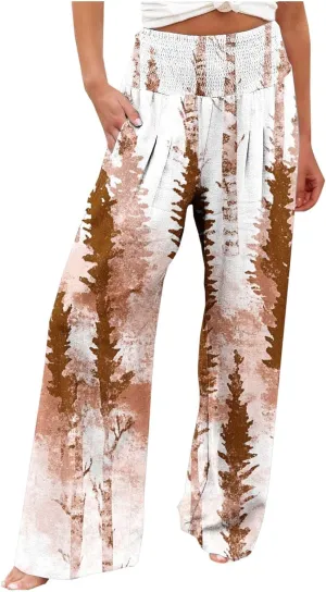 Wide Leg Linen Pants for Women Vintage Floral Printed Casual Summer Smocked High Waisted Lounge Beach Palazzo Trousers