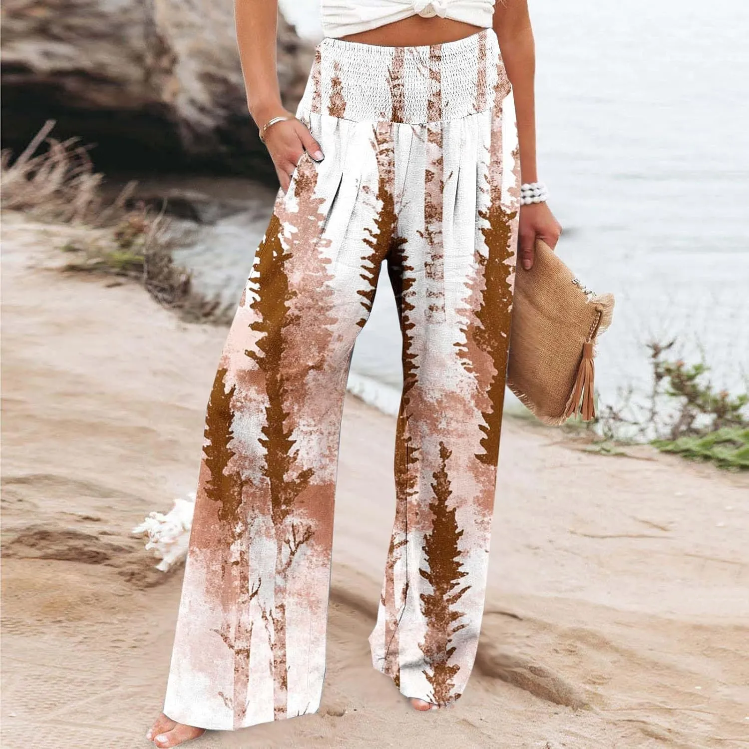 Wide Leg Linen Pants for Women Vintage Floral Printed Casual Summer Smocked High Waisted Lounge Beach Palazzo Trousers