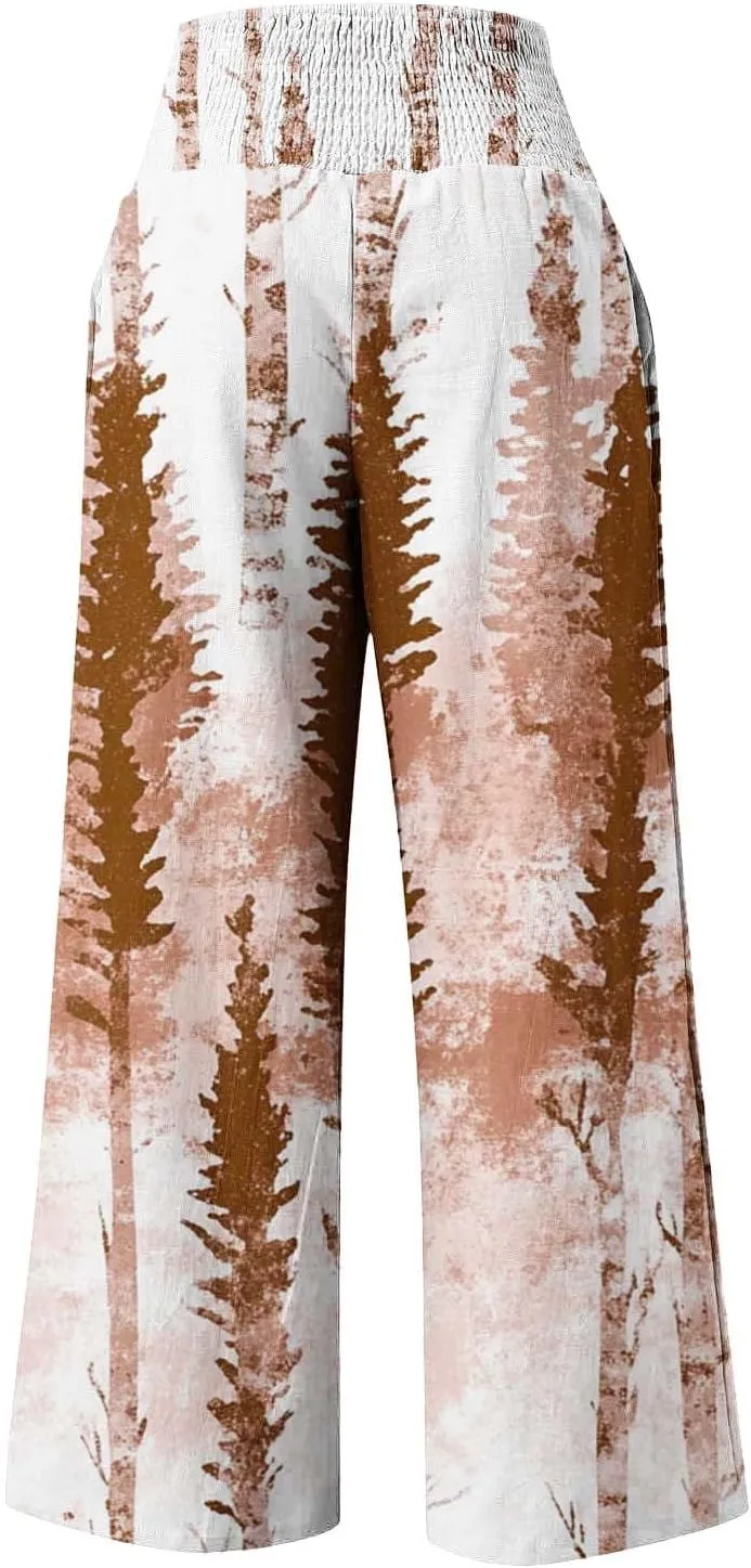 Wide Leg Linen Pants for Women Vintage Floral Printed Casual Summer Smocked High Waisted Lounge Beach Palazzo Trousers