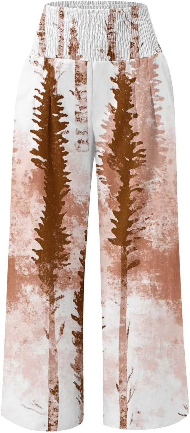 Wide Leg Linen Pants for Women Vintage Floral Printed Casual Summer Smocked High Waisted Lounge Beach Palazzo Trousers