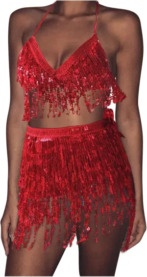 Women Belly Sequin Mini Skirts Set Strap V Neck Tassel Tops Vest Suits Glitter Shinny Dance Club Party Skirts Sets