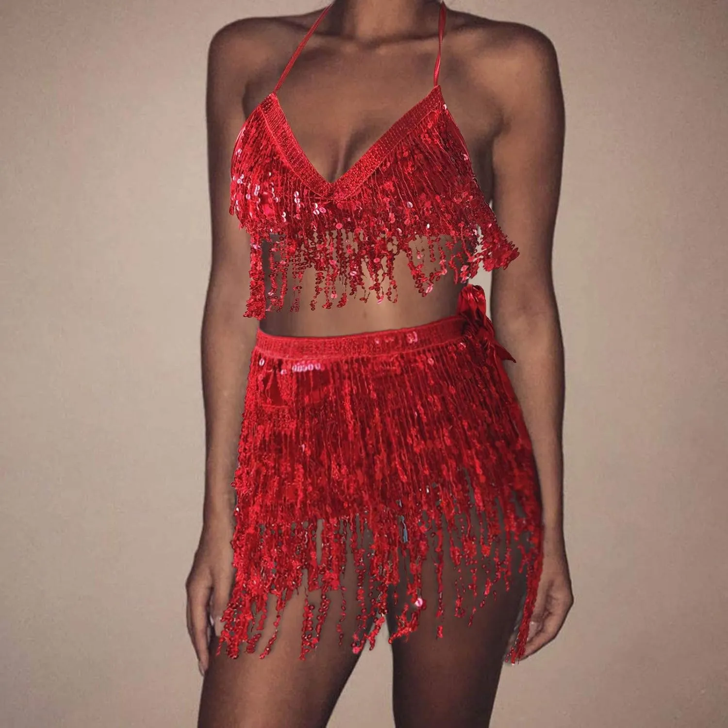 Women Belly Sequin Mini Skirts Set Strap V Neck Tassel Tops Vest Suits Glitter Shinny Dance Club Party Skirts Sets