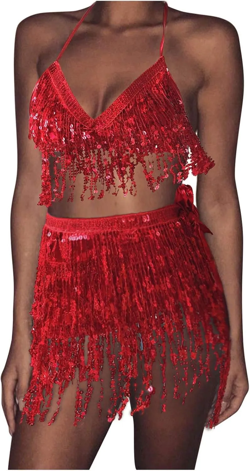 Women Belly Sequin Mini Skirts Set Strap V Neck Tassel Tops Vest Suits Glitter Shinny Dance Club Party Skirts Sets