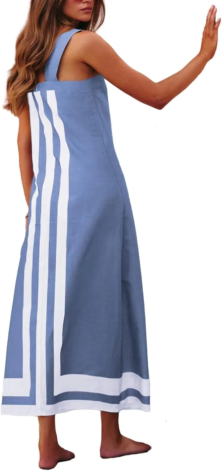 Women Bohemian Dresses Summer Flowy Floral Print Square Neck Sleeveless Strap Maxi Dress Casual Color Block Sundress