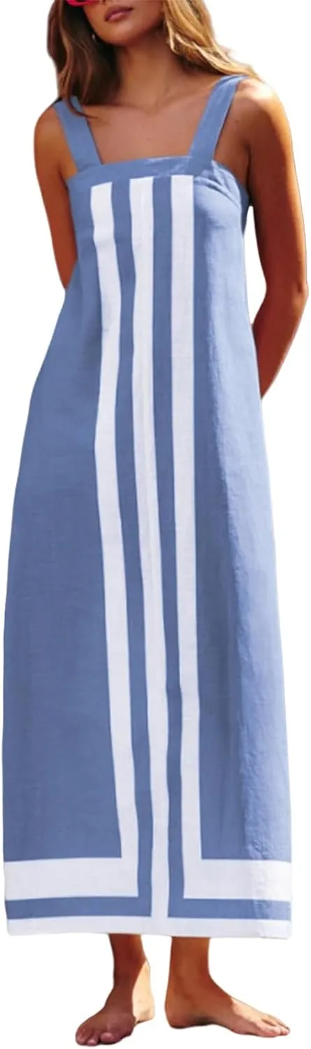 Women Bohemian Dresses Summer Flowy Floral Print Square Neck Sleeveless Strap Maxi Dress Casual Color Block Sundress