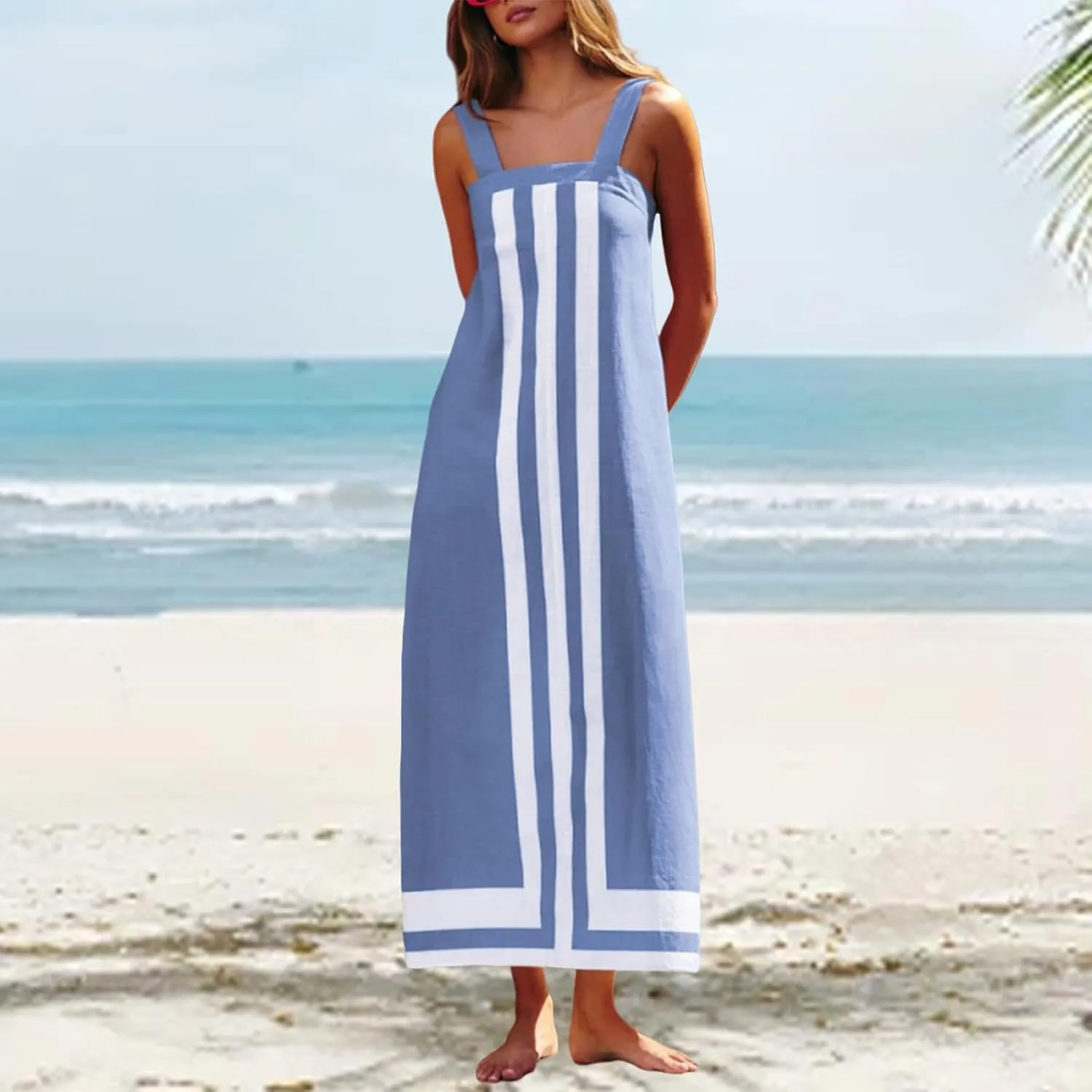 Women Bohemian Dresses Summer Flowy Floral Print Square Neck Sleeveless Strap Maxi Dress Casual Color Block Sundress