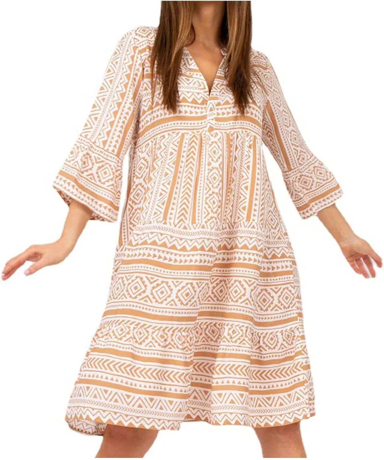 Women Boho Cute Shift Dress Geometric Floral Print Mini Tunic Dress Summer Sundress Beach Flowy V Neck Short Dress