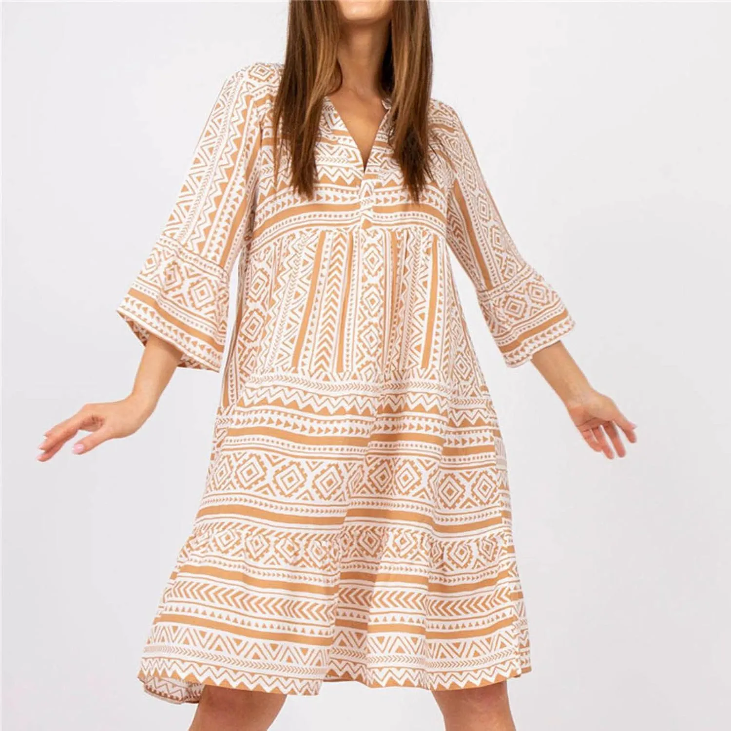 Women Boho Cute Shift Dress Geometric Floral Print Mini Tunic Dress Summer Sundress Beach Flowy V Neck Short Dress