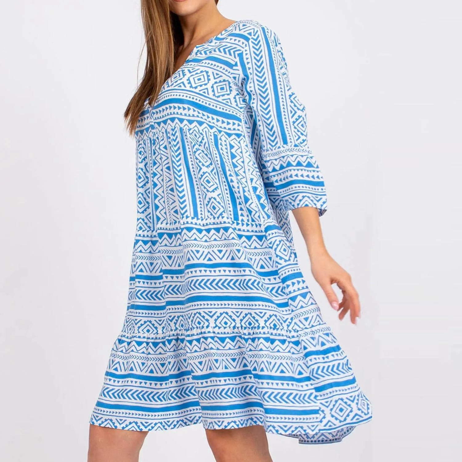 Women Boho Cute Shift Dress Geometric Floral Print Mini Tunic Dress Summer Sundress Beach Flowy V Neck Short Dress