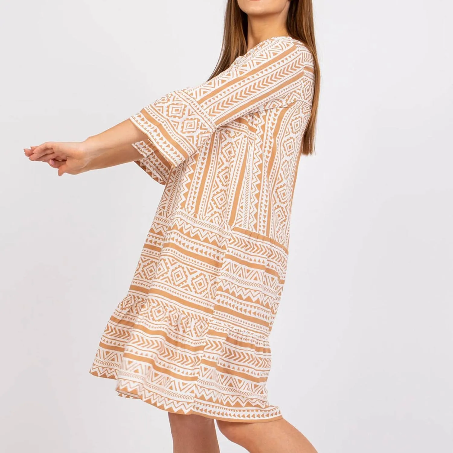 Women Boho Cute Shift Dress Geometric Floral Print Mini Tunic Dress Summer Sundress Beach Flowy V Neck Short Dress