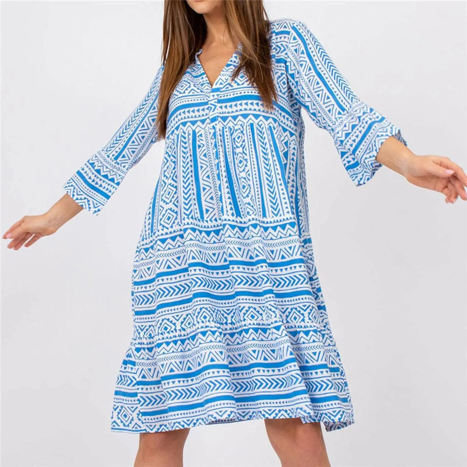 Women Boho Cute Shift Dress Geometric Floral Print Mini Tunic Dress Summer Sundress Beach Flowy V Neck Short Dress