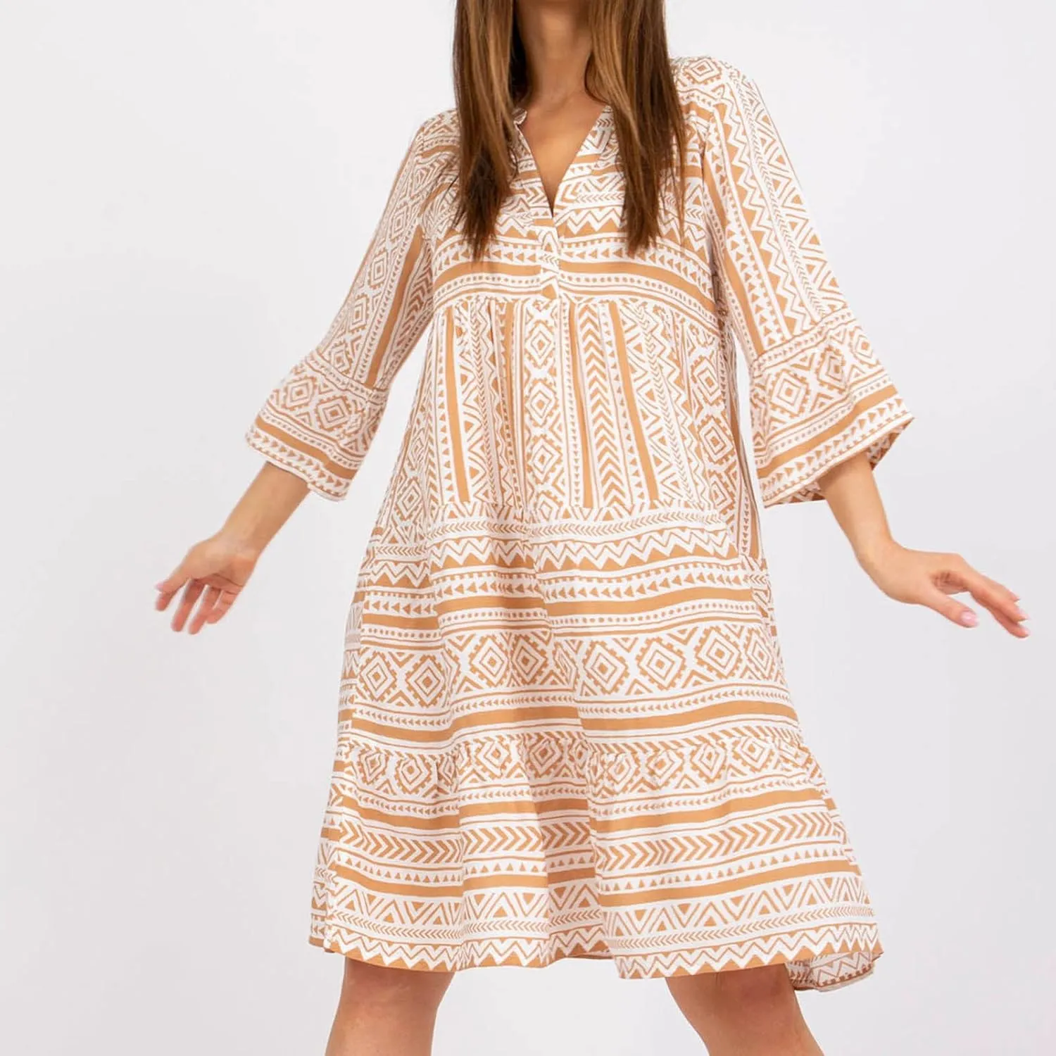 Women Boho Cute Shift Dress Geometric Floral Print Mini Tunic Dress Summer Sundress Beach Flowy V Neck Short Dress