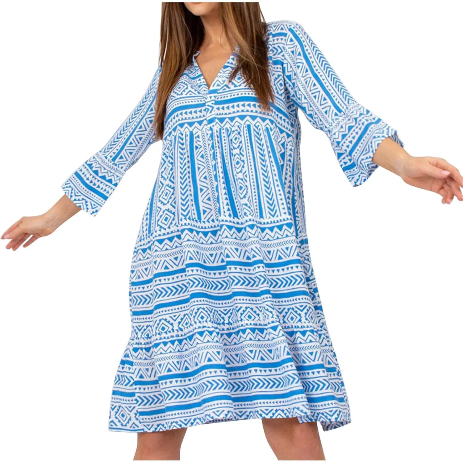 Women Boho Cute Shift Dress Geometric Floral Print Mini Tunic Dress Summer Sundress Beach Flowy V Neck Short Dress