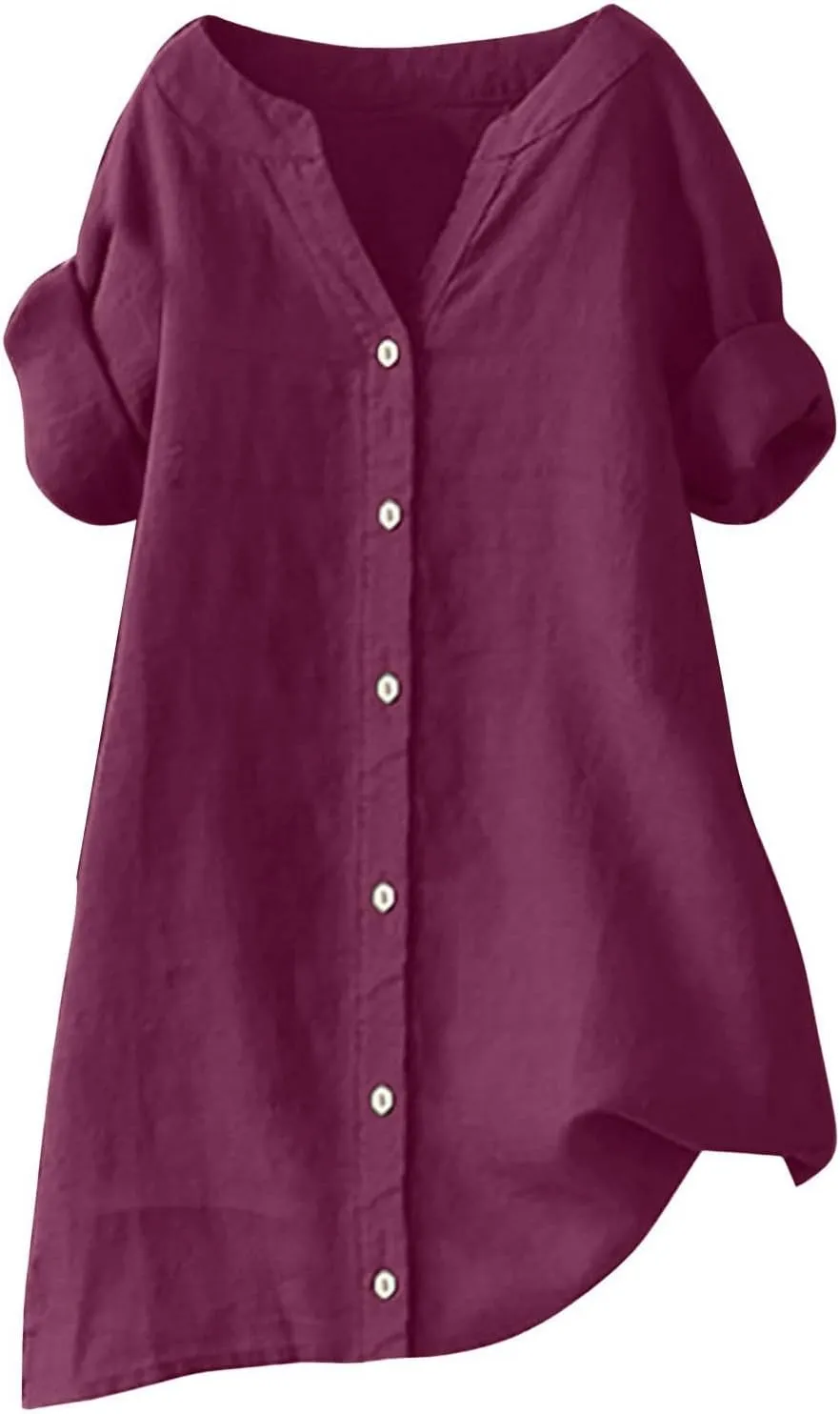 Women Button Up Shirt V Neck Short Sleeve Linen Summer Casual Work Blouse Top Loose Fit Tee Shirt
