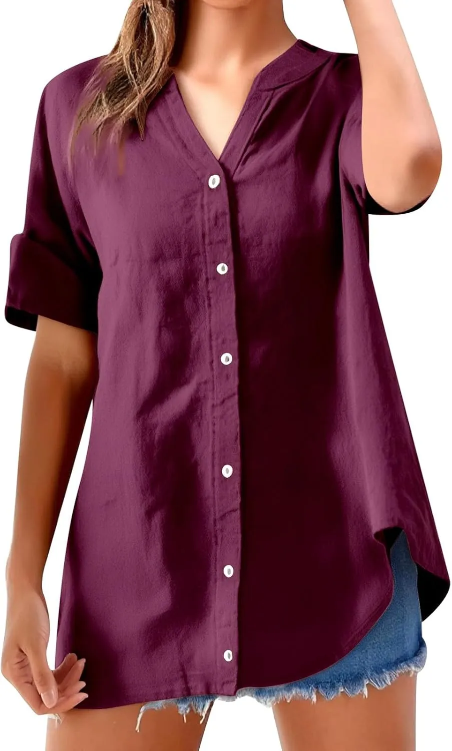Women Button Up Shirt V Neck Short Sleeve Linen Summer Casual Work Blouse Top Loose Fit Tee Shirt