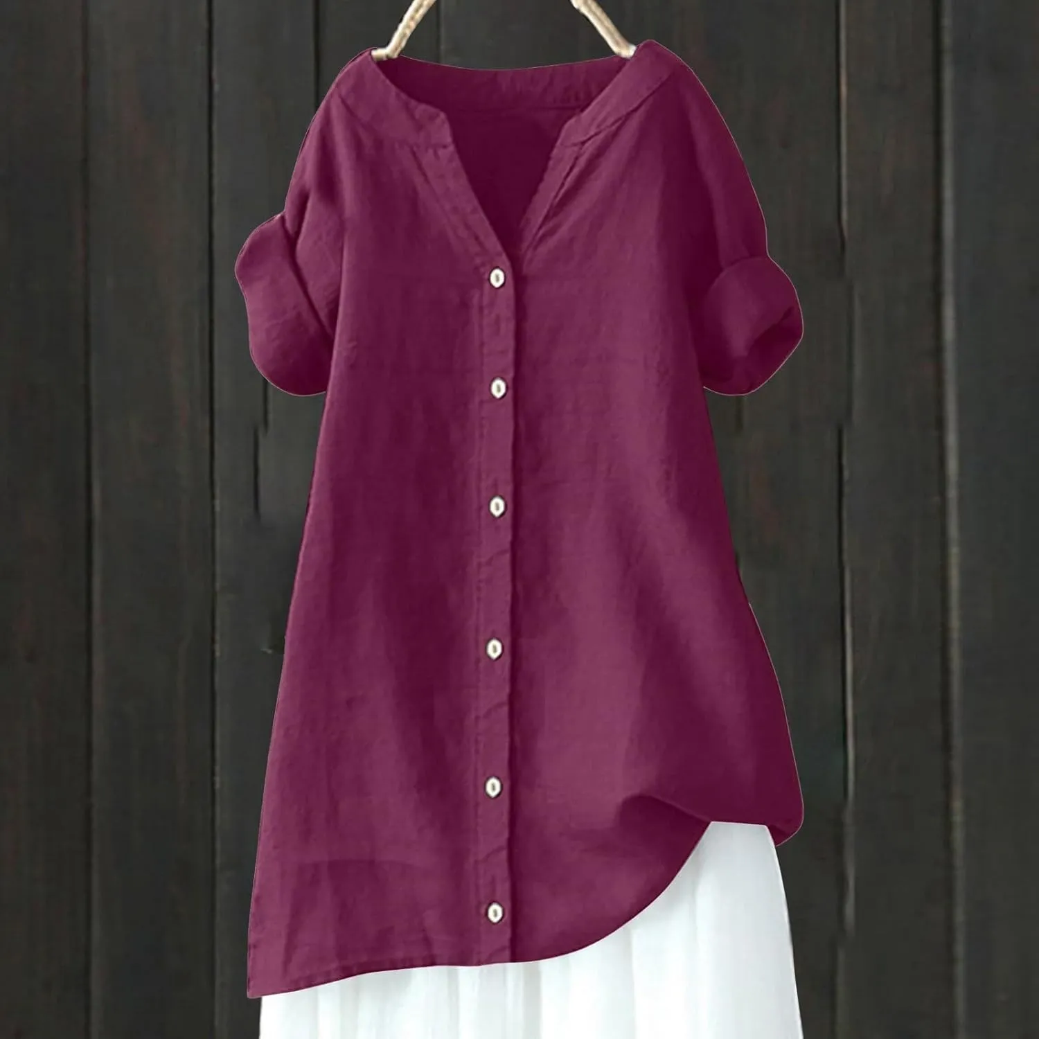 Women Button Up Shirt V Neck Short Sleeve Linen Summer Casual Work Blouse Top Loose Fit Tee Shirt