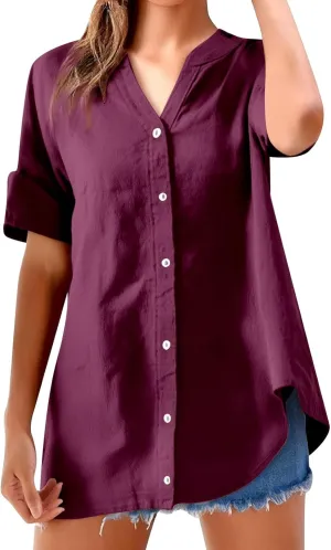 Women Button Up Shirt V Neck Short Sleeve Linen Summer Casual Work Blouse Top Loose Fit Tee Shirt