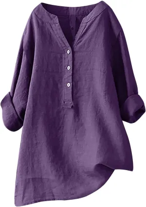 Women Buttons Shirt Cotton Linen Cuffed Sleeve V-Neck Oversized Shirts Casual Loose Solid Blouse Tunic Tops