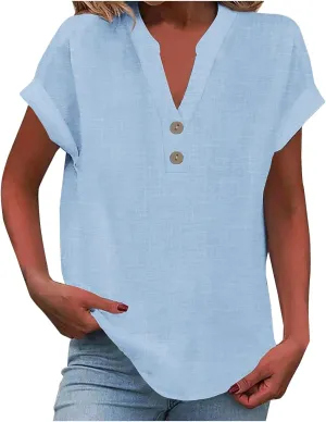 Women Cotton Linen Tees V Neck Tops Rolled Cuffed Short Sleeve Blouse Casual Loose Shirts 2025 Summer Fashion Clothes