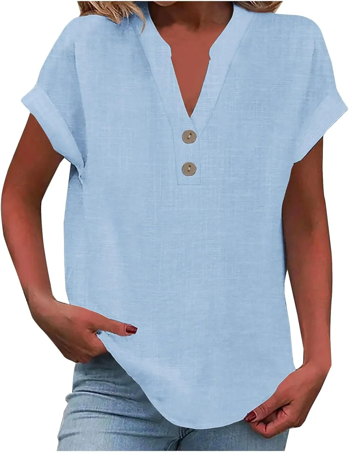 Women Cotton Linen Tees V Neck Tops Rolled Cuffed Short Sleeve Blouse Casual Loose Shirts 2025 Summer Fashion Clothes