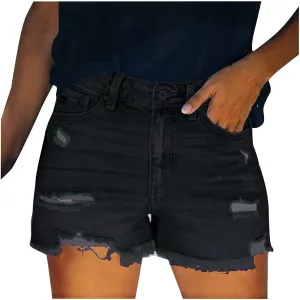 Women Denim Shorts Casual Summer Mid Waist Stretchy Jean Shorts Trendy Blue Ripped Frayed Raw Hem Distressed Shorts