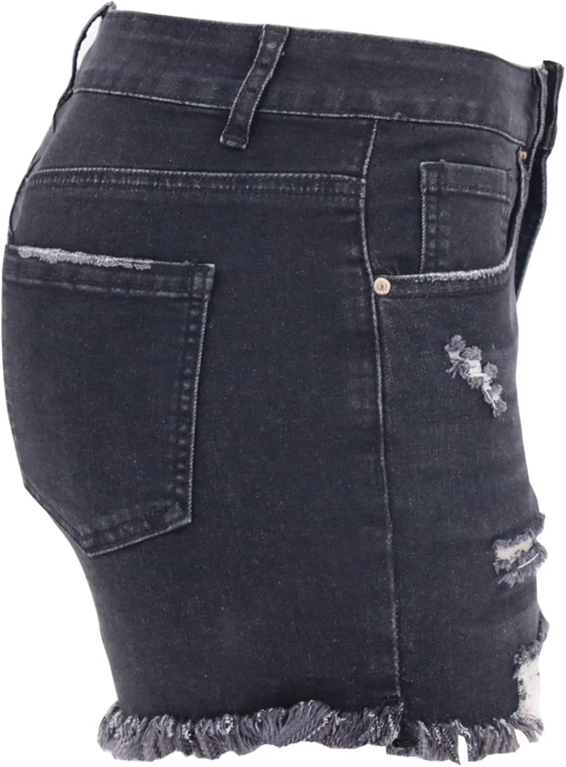 Women Denim Shorts Casual Summer Mid Waist Stretchy Jean Shorts Trendy Blue Ripped Frayed Raw Hem Distressed Shorts