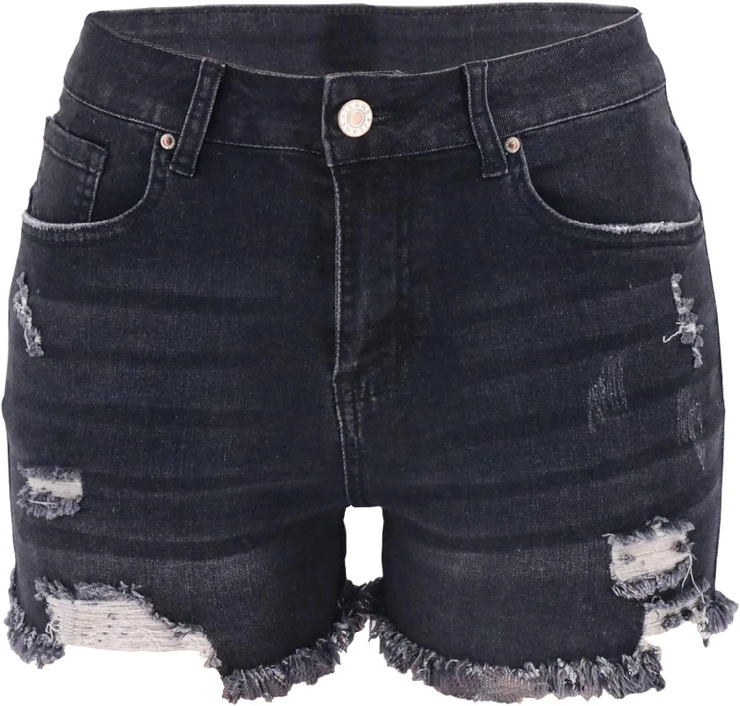 Women Denim Shorts Casual Summer Mid Waist Stretchy Jean Shorts Trendy Blue Ripped Frayed Raw Hem Distressed Shorts