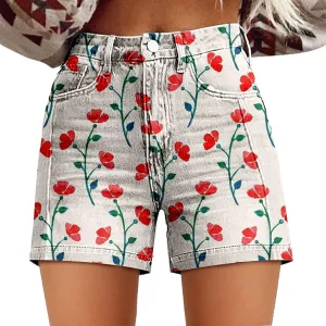 Women Denim Shorts Vintage Boho Floral Print Denim Jeans Casual High Waist Slim Bermuda Short Retro Y2K Streetwear
