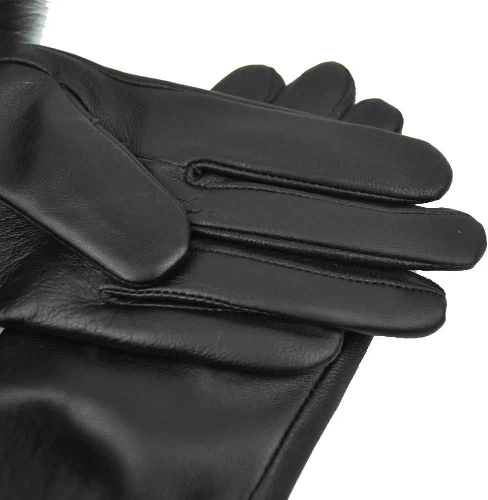 Women Genuine Lambskin Leather Winter Lined Gloves with Fox Fur Trim