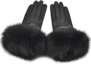 Women Genuine Lambskin Leather Winter Lined Gloves with Fox Fur Trim