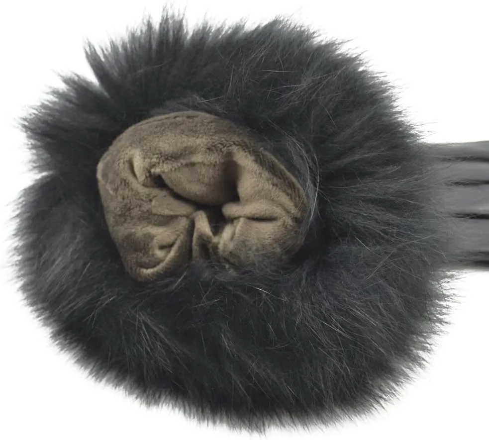 Women Genuine Lambskin Leather Winter Lined Gloves with Fox Fur Trim